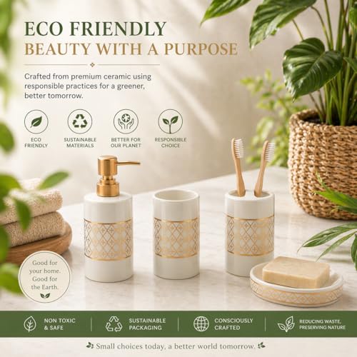 Whizzo® Intricate Design Bathroom Accessories Set Ceramic - 4 Piece Bathroom Accessories Set Soap Dispenser, Toothbrush Holder, Tumbler, Soap Dish, The Best Gifting Choice (WZ-BS-798-White) - Image 5