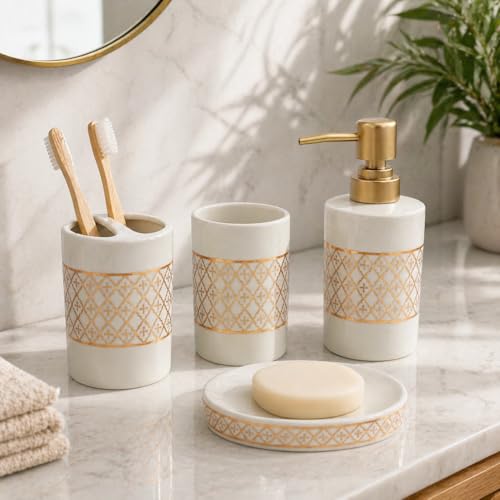Whizzo® Intricate Design Bathroom Accessories Set Ceramic - 4 Piece Bathroom Accessories Set Soap Dispenser, Toothbrush Holder, Tumbler, Soap Dish, The Best Gifting Choice (WZ-BS-798-White) - Image 1