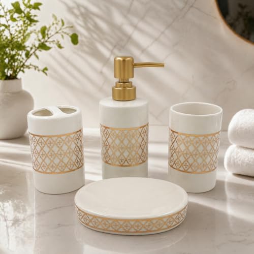 Whizzo® Intricate Design Bathroom Accessories Set Ceramic - 4 Piece Bathroom Accessories Set Soap Dispenser, Toothbrush Holder, Tumbler, Soap Dish, The Best Gifting Choice (WZ-BS-798-White) - Image 3