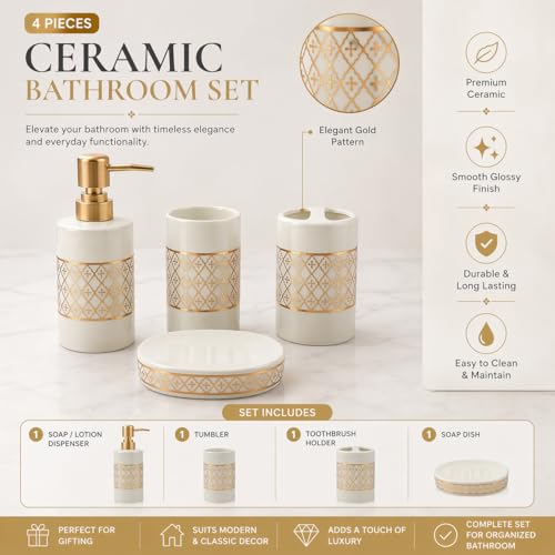 Whizzo® Intricate Design Bathroom Accessories Set Ceramic - 4 Piece Bathroom Accessories Set Soap Dispenser, Toothbrush Holder, Tumbler, Soap Dish, The Best Gifting Choice (WZ-BS-798-White) - Image 2