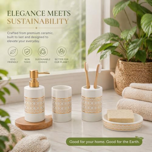Whizzo® Intricate Design Bathroom Accessories Set Ceramic - 4 Piece Bathroom Accessories Set Soap Dispenser, Toothbrush Holder, Tumbler, Soap Dish, The Best Gifting Choice (WZ-BS-798-White) - Image 4