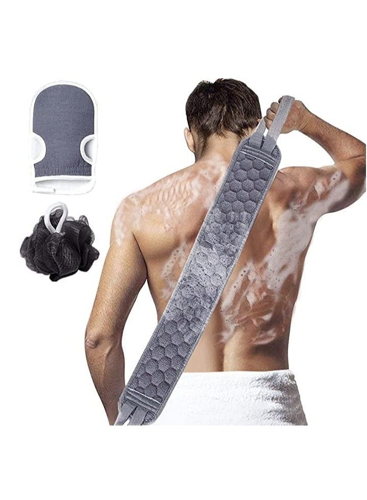 3 Pcs Exfoliating Back Scrubber and Exfoliating Glove and Shower Loofah Set, Body Scrub Portable Shower Towel, Adult Washing and Cleaning Exfoliating Towel (gray) - Image 1