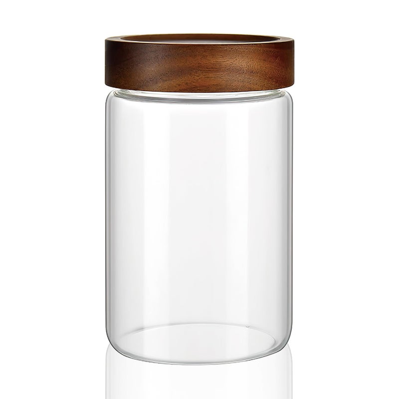 MOLADRI 28 fl oz/850 ml Clear Glass Storage Canister with Airtight Wooden Screw Lid, Medium Cute Decorative Glass Container Jar for Coffee,Candy,Salt,Cookie,Condiment,Pepper,Sugar,Overnight Oatmeal - Image 1