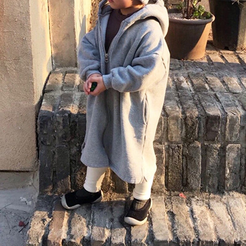 Winter Wear Korean Style Childrens Wear New Boys and Girls Han Faner Simple fleece-lined Sweatshirt Hooded Long Casual Jacket Grey (send shoelaces) 