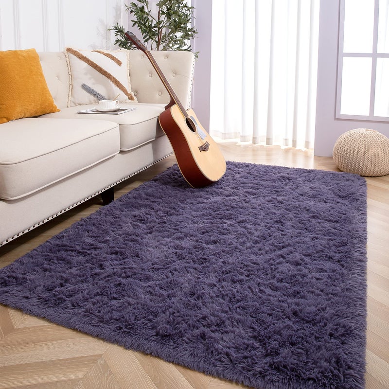 Foxmas Large Area Rugs for Living Room Bedroom 5x8 Feet Fluffy Kids Room Plush Shaggy Nursery Rug Furry Throw Carpets for Boys Girls College Dorm Fuzzy Rugs Home Decorate Rug Grey Purple