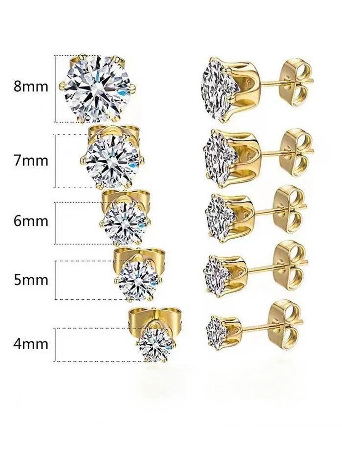 Women's 18K Gold Plated CZ Stud Earrings Simulated Diamond Round Cubic Zirconia Ear Stud Set5 Pairs)