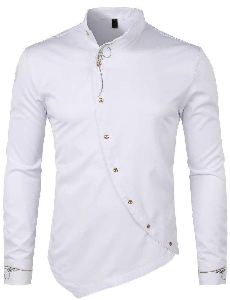 ZEROYAA Mens Hipster Irregular Hem Slim Fit Long Sleeve Mandarin Collar Dress Shirts with Embroidery ZHCL51-White Large - Image 1