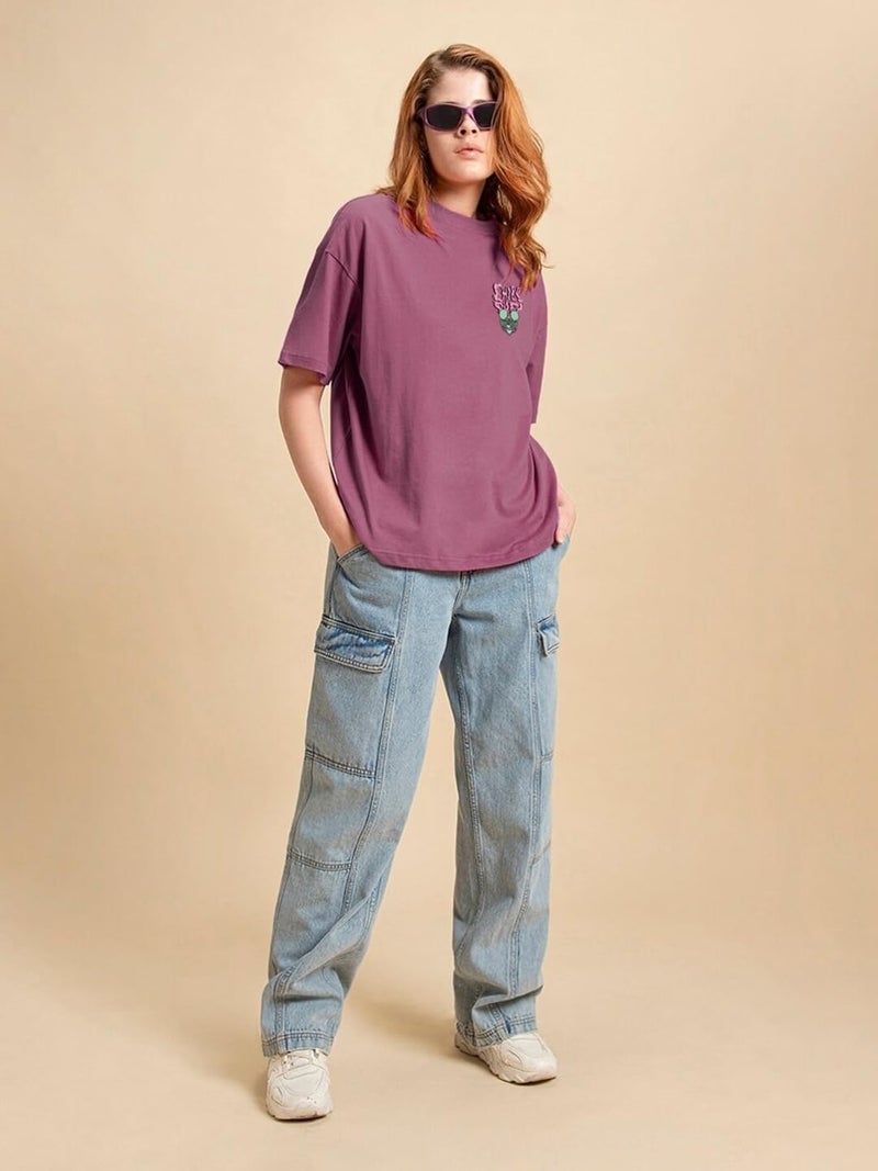 Bewakoof Official Disney Merchandise Women's Graphic Printed Oversized T-Shirt_611001_Purple_L - Image 5