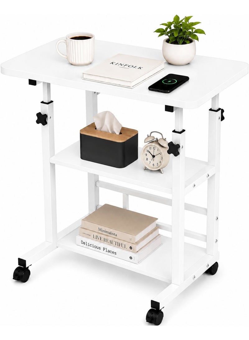 Toshionics Upgraded Laptop & Computer Desk, Portable Height-Adjustable Laptop Desk with Storage Shelves, Mobile Sofa Side Table on Wheels, Small Standing Desk for Home Office, Study - White - Image 1