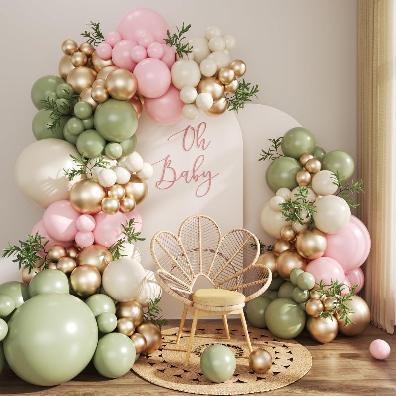 JOYFLOAT Sage Green Pink Gold Balloon Arch Kit, 128Pcs Sage Green Pastel Pink Light Pink Gold Sand White Balloons for Boho Baby Shower Wedding Bridal Shower Gender Reveal Birthday Party Decorations - Image 1