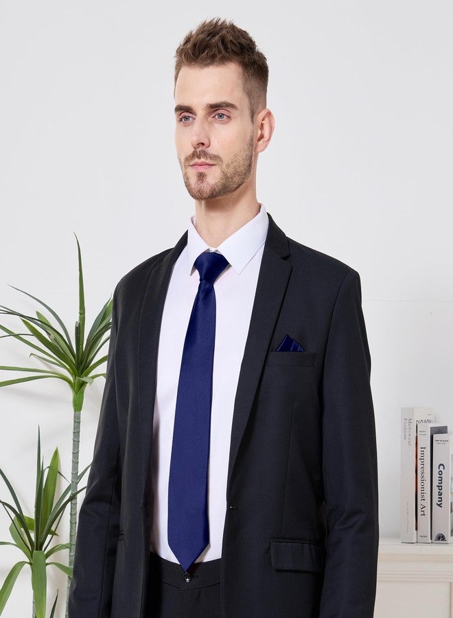 PenSee Men's Tie Set Solid Pure Color 3.15" (8CM) Classic Formal Plain Necktie and Pocket Square Set For Men, 005-navy Blue, M - Image 2