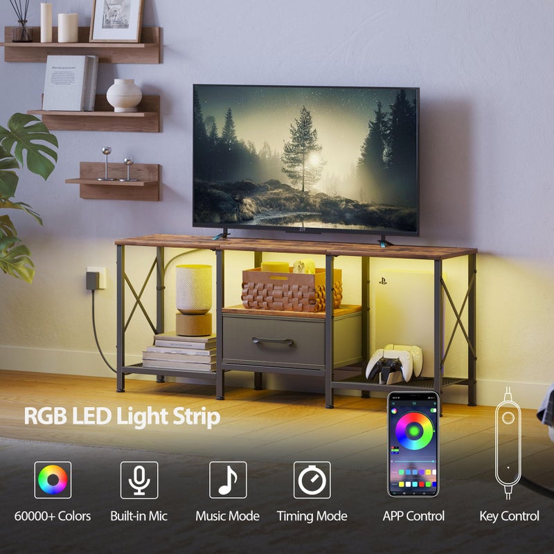 JARHETUN حامل تلفاز LED جارهيتون مع درج قماشي، مركز ترفيهي لتلفاز 50 55 بوصة، طاولة كونسول تلفاز صناعية مع رفوف تخزين مفتوحة لغرفة المعيشة، غرفة النوم، بني ريفي - Image 3