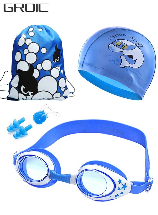 GROIC 5-PCs Kids Swim Set Including Kids Swim Goggles, Swimming Caps, Ear Plug, Nose Clip and Storage Bag, Anti Fog Swim Goggles with Silicone Nose Clip Ear Plugs for Kids Age 3-12 - Image 1