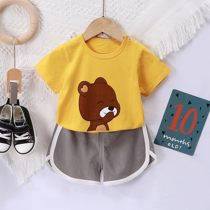 2023 Kids Summer Thin Short Sleeve Set Stripes-New Yellow Bear 11 