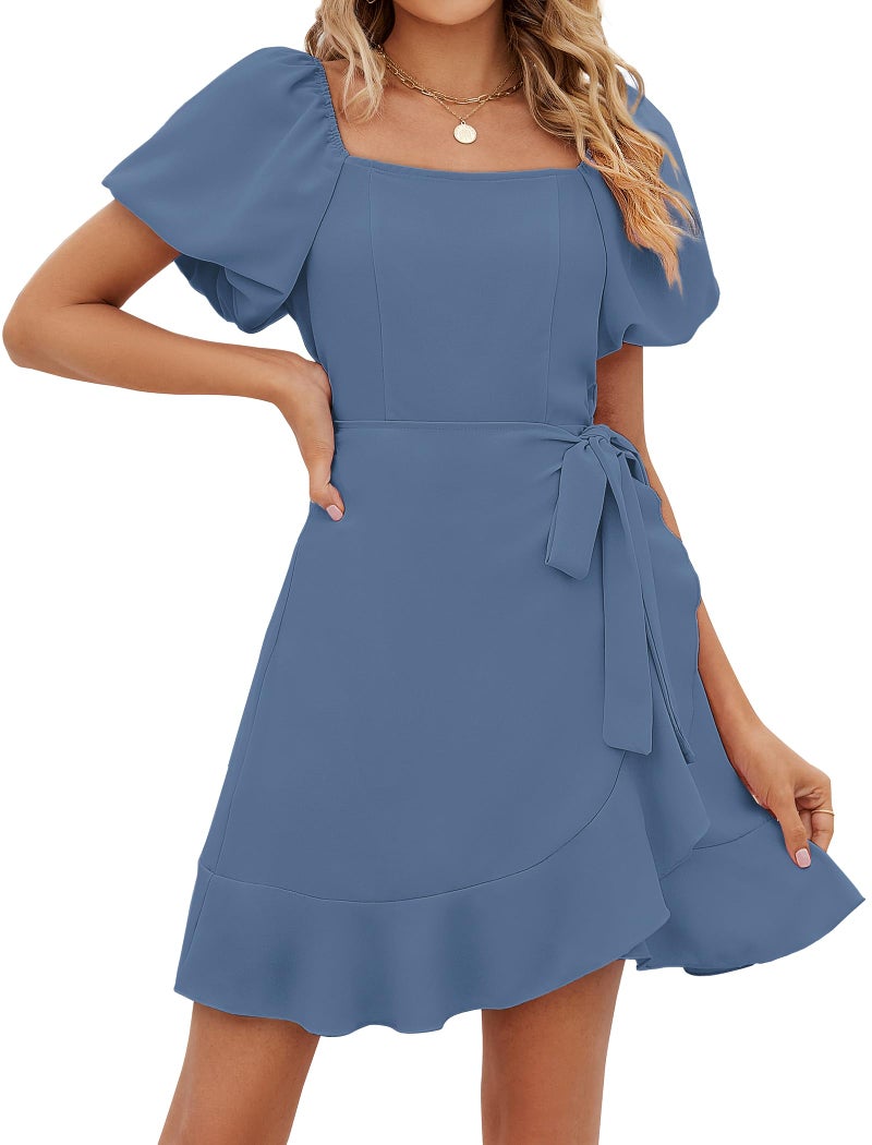 Sampeel Dresses for Women 2026 Tie Waist Short Sleeve Wrap Dress Wedding Guest Blue Spring L - Image 2