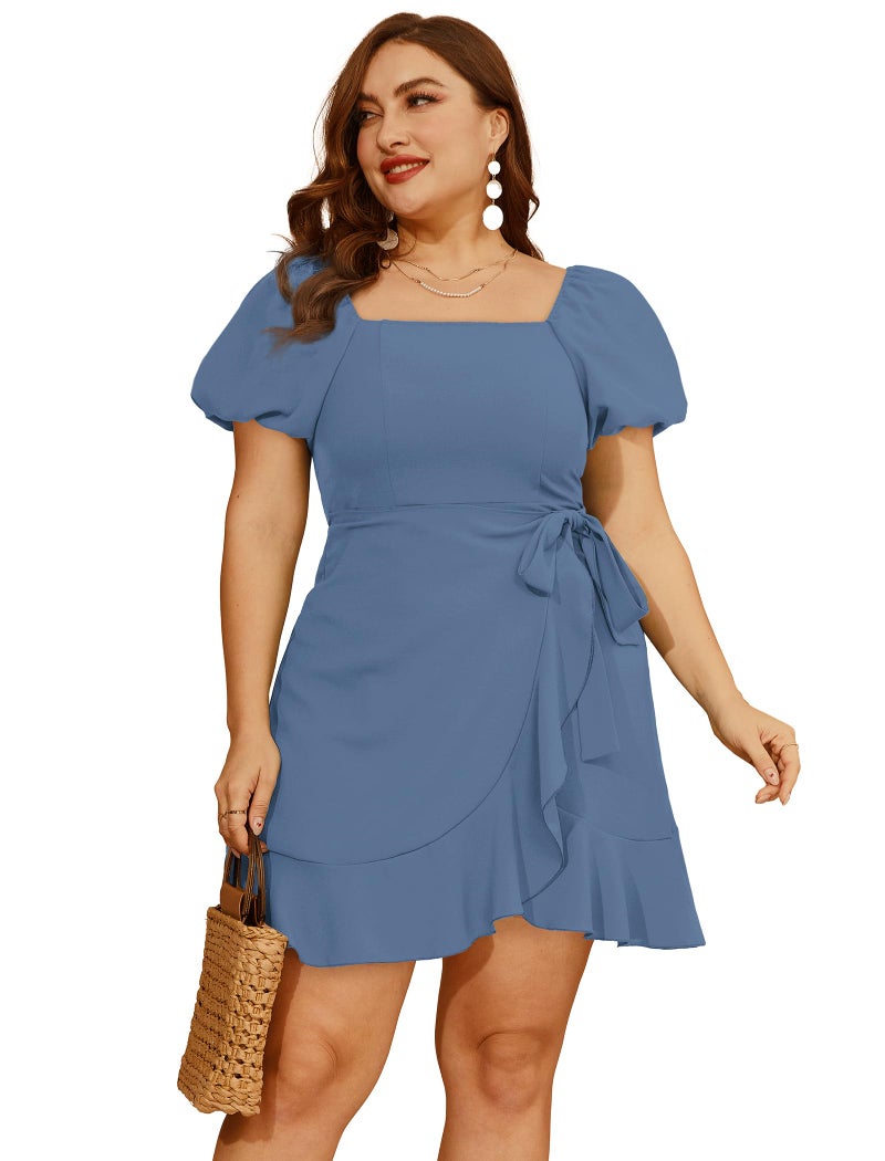 Sampeel Dresses for Women 2026 Tie Waist Short Sleeve Wrap Dress Wedding Guest Blue Spring L - Image 3