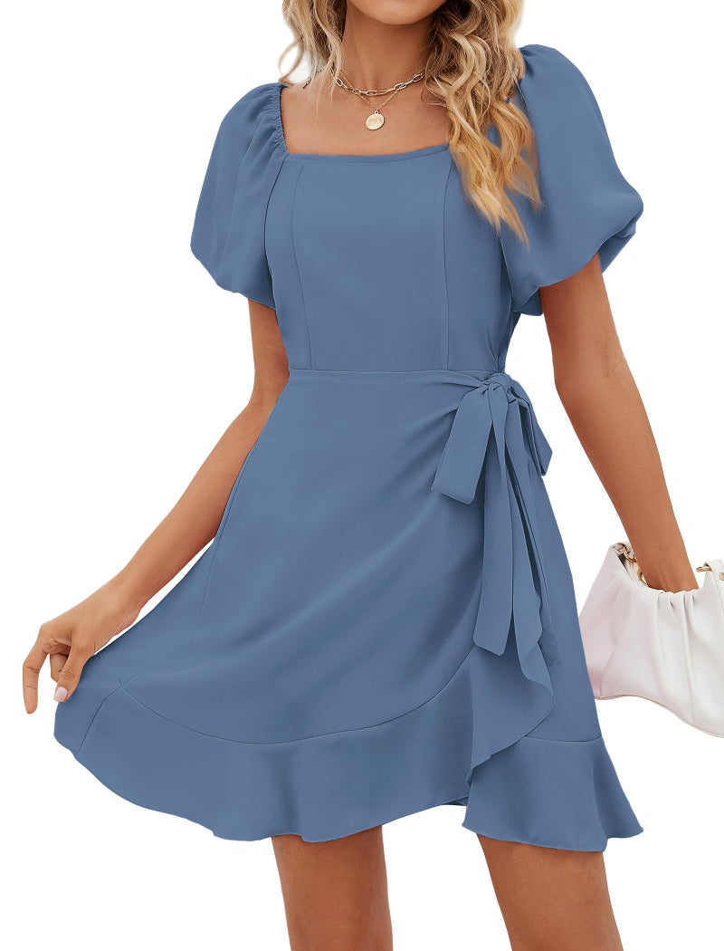 Sampeel Dresses for Women 2026 Tie Waist Short Sleeve Wrap Dress Wedding Guest Blue Spring L - Image 1