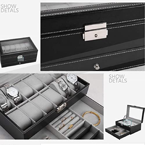 Styleys 12 Slot Pu Leather Lockable Watch Storage Boxes, Men & Women Jewelry Display Drawer Case, 2-Tier Organizer Watch Showcase With Glass Lid (W79B), Black - Image 4
