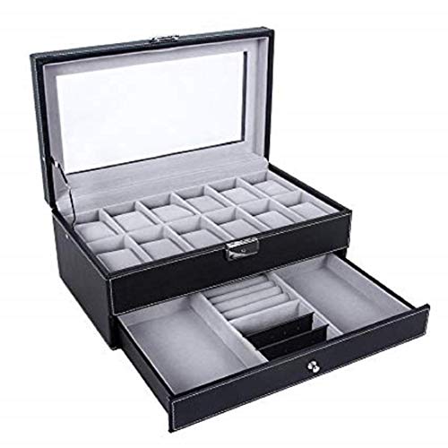 Styleys 12 Slot Pu Leather Lockable Watch Storage Boxes, Men & Women Jewelry Display Drawer Case, 2-Tier Organizer Watch Showcase With Glass Lid (W79B), Black - Image 3