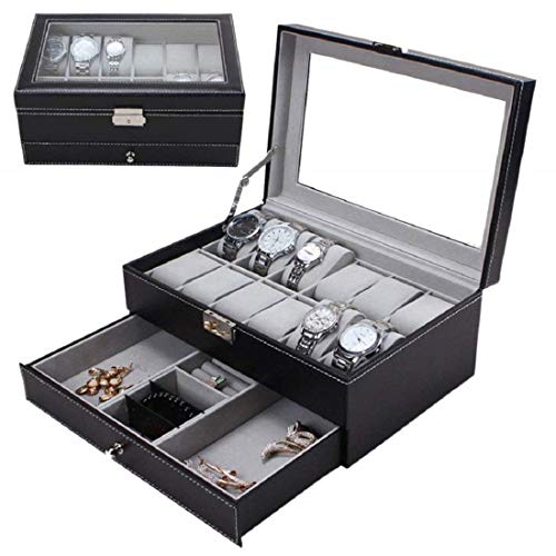 Styleys 12 Slot Pu Leather Lockable Watch Storage Boxes, Men & Women Jewelry Display Drawer Case, 2-Tier Organizer Watch Showcase With Glass Lid (W79B), Black - Image 1