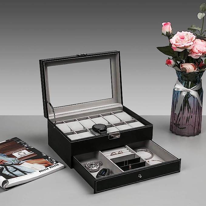 Styleys 12 Slot Pu Leather Lockable Watch Storage Boxes, Men & Women Jewelry Display Drawer Case, 2-Tier Organizer Watch Showcase With Glass Lid (W79B), Black - Image 2