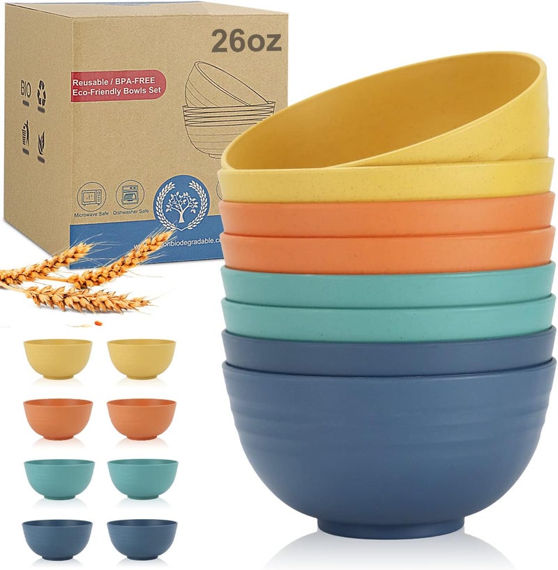 Wrova Wheat Straw Bowl Sets8 PCS Unbreakable Cereal Bowl 26 OZMicrowave and Dishwasher Safe BowlsBowl Sets for Camping and Picnic BPA Free Colorful Salad Bowls for Serving SoupOatmeal and Fruit Etc - Image 1