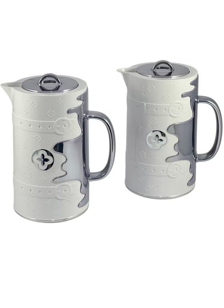Homemaker Elegant 2-Piece 1L Insulated Flask Set – White & Silver | Double-Wall Glass Lined Thermos with ABS Outer Body | Hot & Cold Beverage Keeper | Lightweight & Travel-Friendly  - Image 1