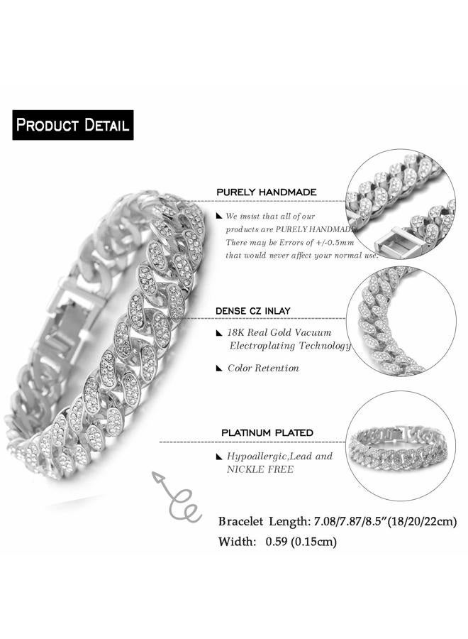 Halukakah ● Bling ● Gold Chain for Men Platinum Plated Diamond Set Miami Chain Cuban Chain Bracelet 7"(18cm) with Free Giftbox (Platinum Plated, 7) - Image 3