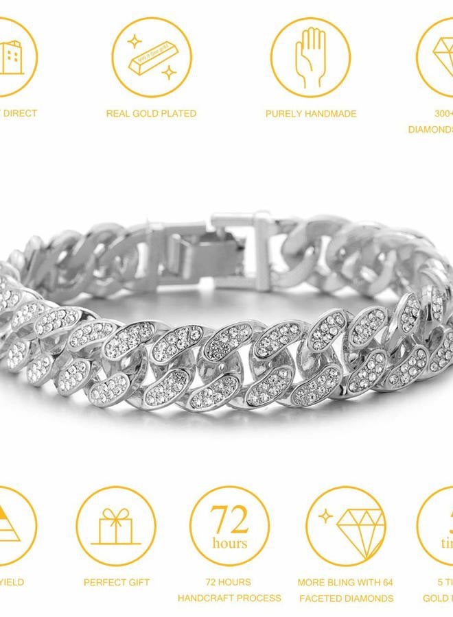 Halukakah ● Bling ● Gold Chain for Men Platinum Plated Diamond Set Miami Chain Cuban Chain Bracelet 7"(18cm) with Free Giftbox (Platinum Plated, 7) - Image 4