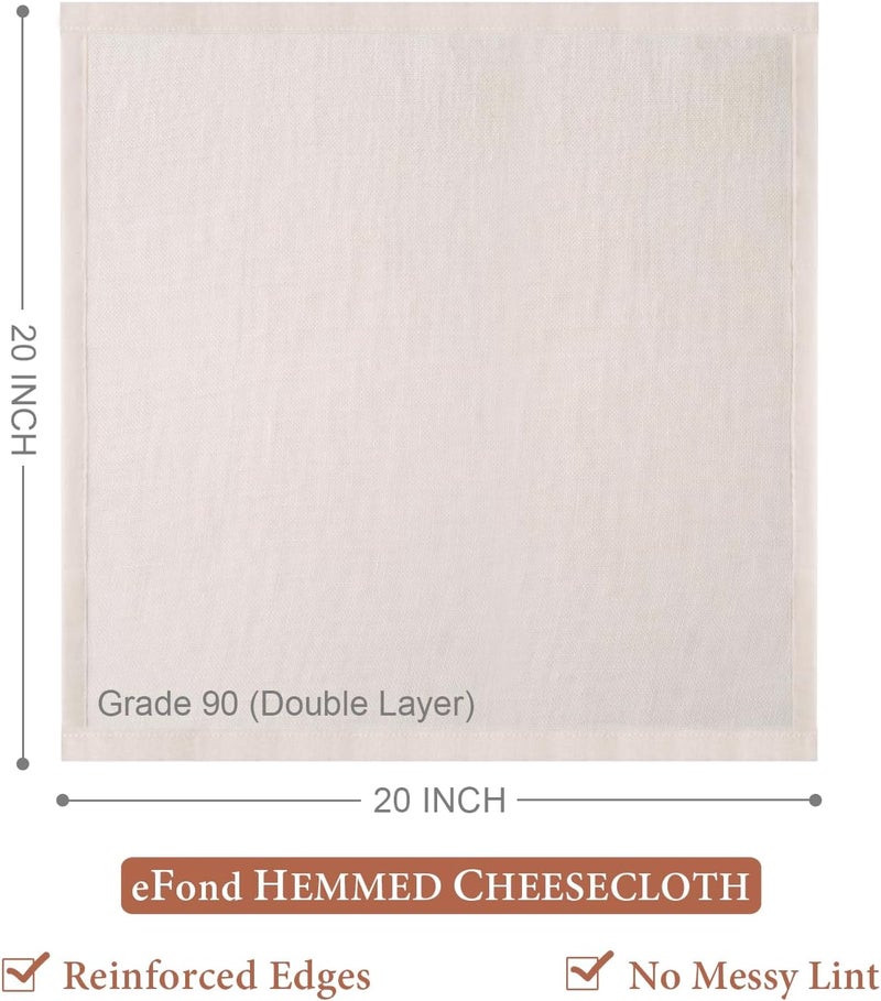 eFond Cheese Cloths, 2-Pack Double Layers, 20x20Inch Squares with Hemmed Edges, Grade 90 Reusable Cheesecloth for Straining, Unbleached Cotton Muslin Cloths for Cooking, Nut Milk, Butter & Baking - Image 2