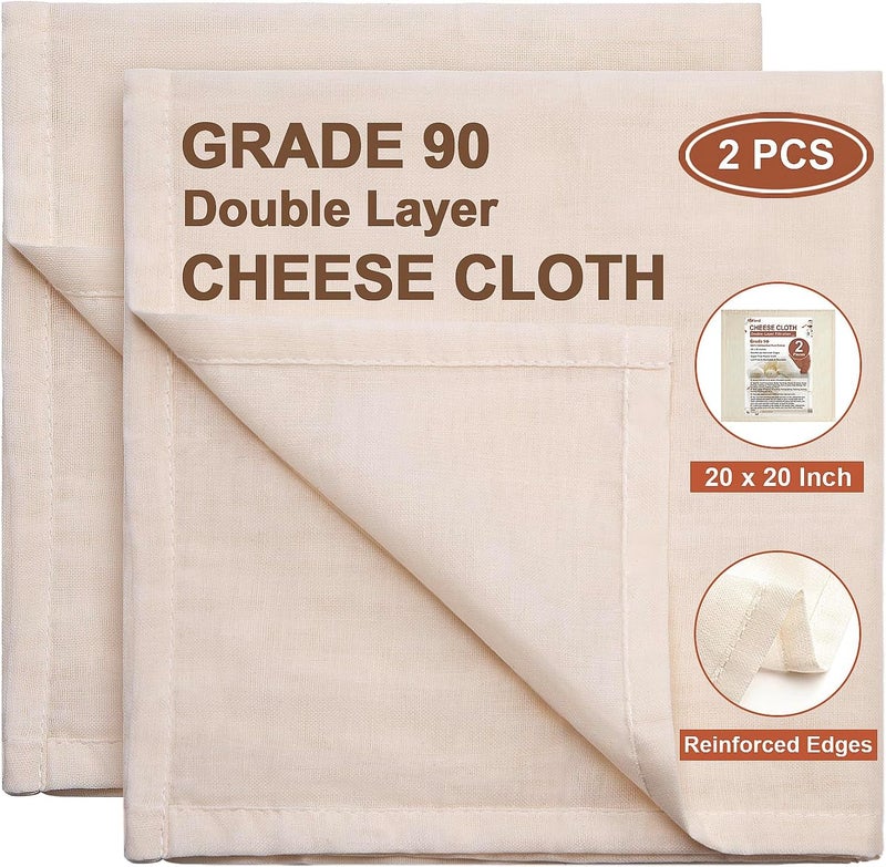 eFond Cheese Cloths, 2-Pack Double Layers, 20x20Inch Squares with Hemmed Edges, Grade 90 Reusable Cheesecloth for Straining, Unbleached Cotton Muslin Cloths for Cooking, Nut Milk, Butter & Baking - Image 1