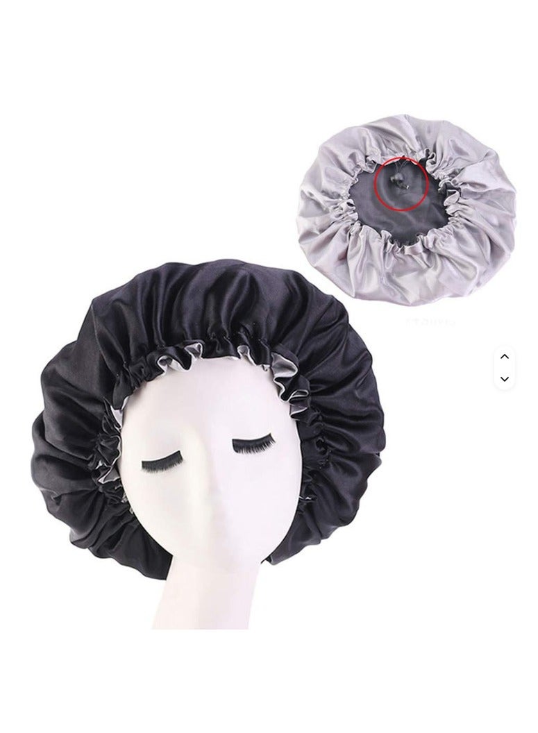 Women's Adjustable Reversible Satin Bonnet - Soft Double Sided Sleep Cap, Protects Natural Hair, Black and Silver - Image 4