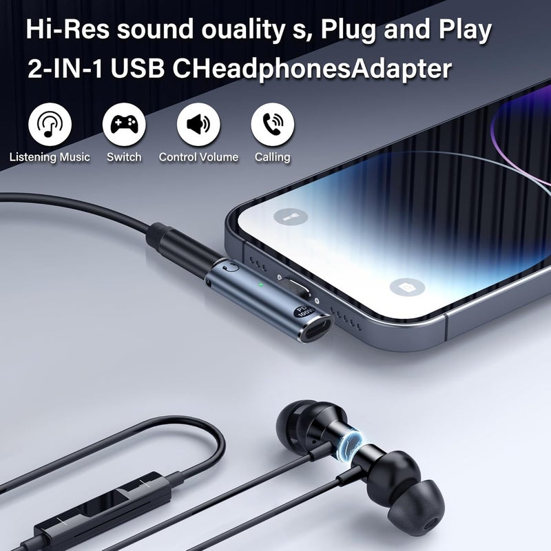 SinLoon USB C to 35mm Audio Adapter USB Type C to Aux Female Headphones Jack 100W 2in1 PD Power Supply Adapter DAC USB C Headphone Adapter for USB C Devices Without 35mm Interface - Image 2