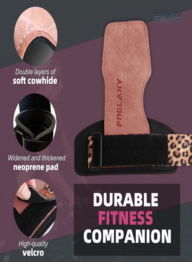 Frelaxy Weight lifting Wrist Straps for Women, Weightlifting Grips with Cushion Wrist Loop, Double Layer Leather, and Storage Pouch, Women's Gym Gloves for Deadlift and Powerlifting (Pink/Leopard) - Image 4