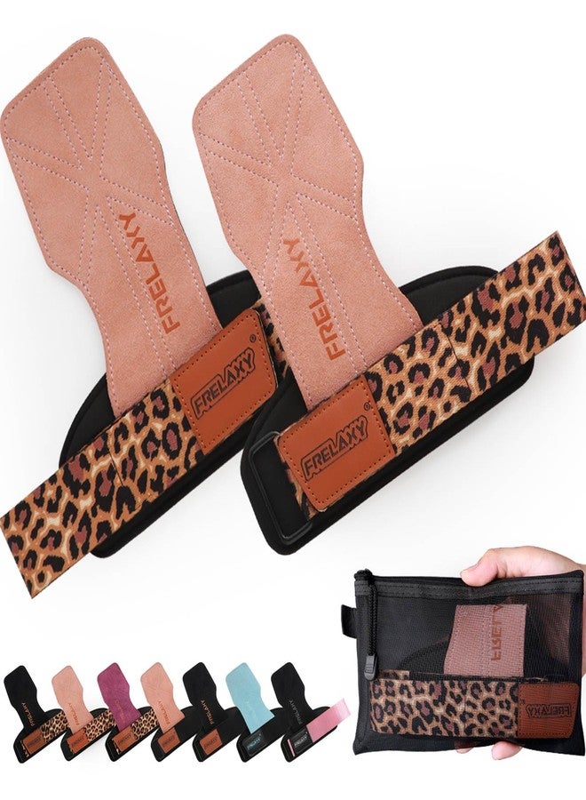 Frelaxy Weight lifting Wrist Straps for Women, Weightlifting Grips with Cushion Wrist Loop, Double Layer Leather, and Storage Pouch, Women's Gym Gloves for Deadlift and Powerlifting (Pink/Leopard) - Image 1