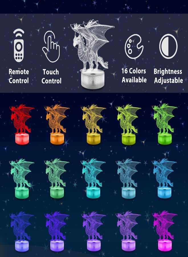 Ammonite Dragon Lamp for Kids, 3D Dragon Night Light Toy,16 Colors with Remote Control Kids Room Decor As a Christmas Birthday Gifts for Boys Girls - Image 2
