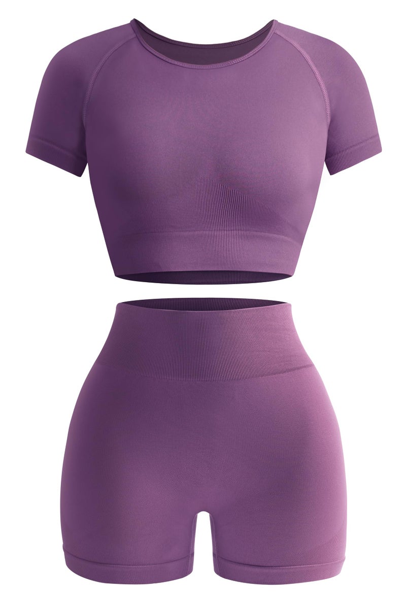 OLCHEE Womens Workout Sets 2 Piece - Seamless Acid Wash Yoga Outfits Shorts and Crop Top Matching Gym Athletic Clothing Set - Solid Purple Small - Image 1