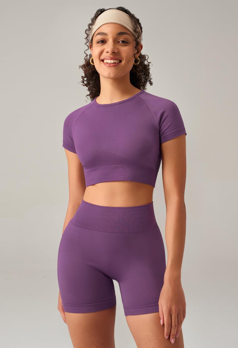 OLCHEE Womens Workout Sets 2 Piece - Seamless Acid Wash Yoga Outfits Shorts and Crop Top Matching Gym Athletic Clothing Set - Solid Purple Small - Image 2