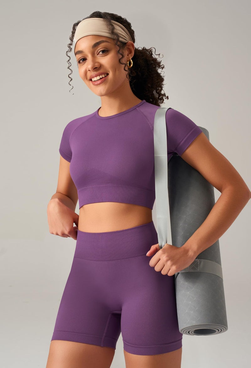 OLCHEE Womens Workout Sets 2 Piece - Seamless Acid Wash Yoga Outfits Shorts and Crop Top Matching Gym Athletic Clothing Set - Solid Purple Small - Image 3