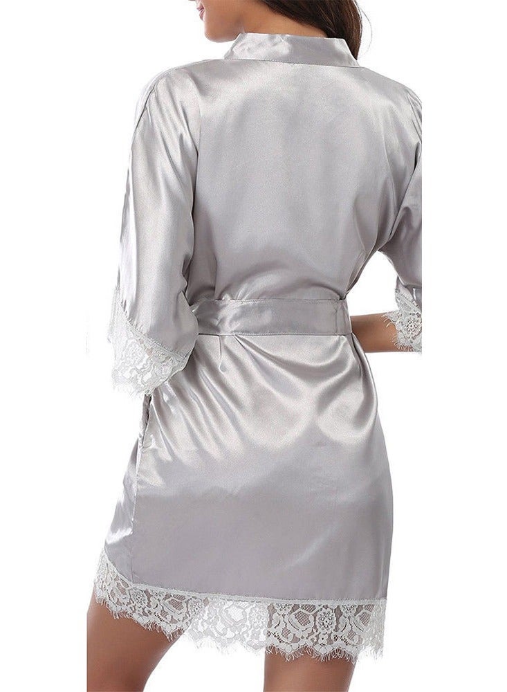 MARGOUN Women Satin Robe Belted Silky Robe Sleepwear Bridal Robe Kimono Lace Sleeve Nightgown Silver  - Image 3