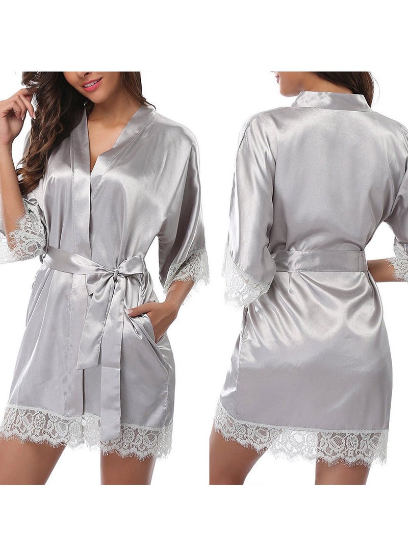 MARGOUN Women Satin Robe Belted Silky Robe Sleepwear Bridal Robe Kimono Lace Sleeve Nightgown Silver  - Image 5