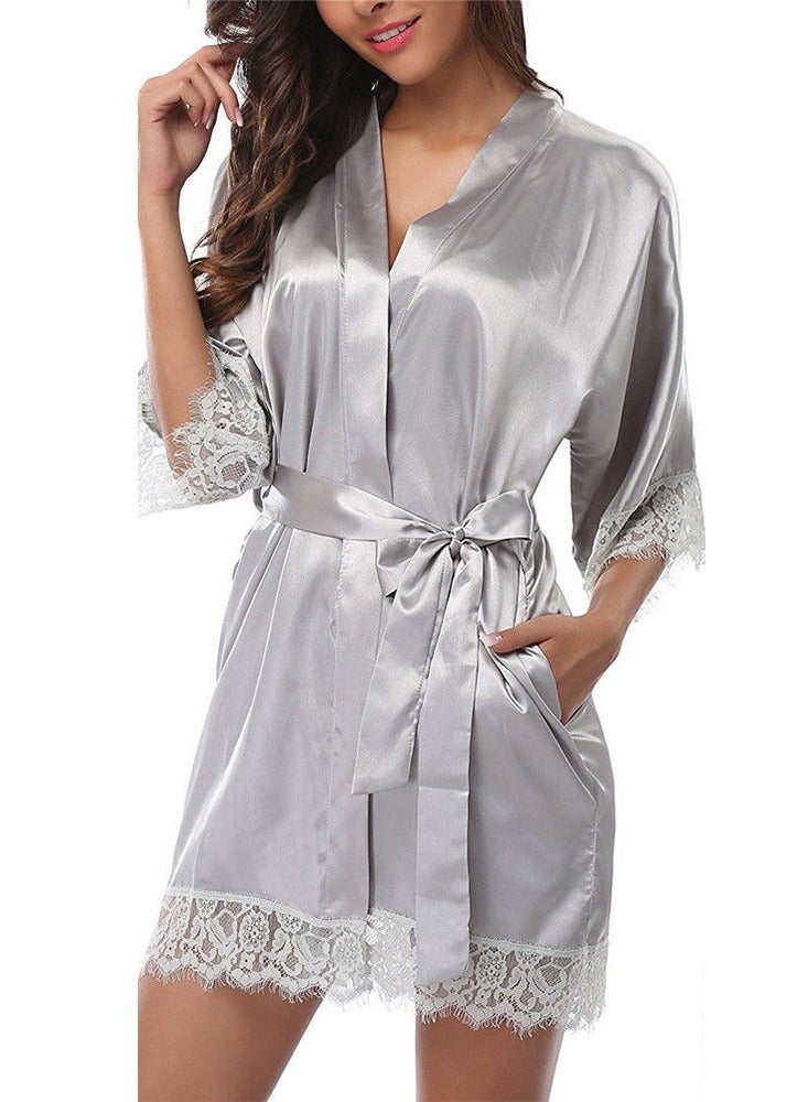 MARGOUN Women Satin Robe Belted Silky Robe Sleepwear Bridal Robe Kimono Lace Sleeve Nightgown Silver  - Image 4