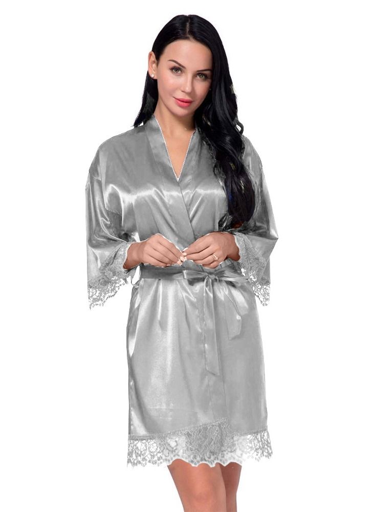 MARGOUN Women Satin Robe Belted Silky Robe Sleepwear Bridal Robe Kimono Lace Sleeve Nightgown Silver  - Image 1