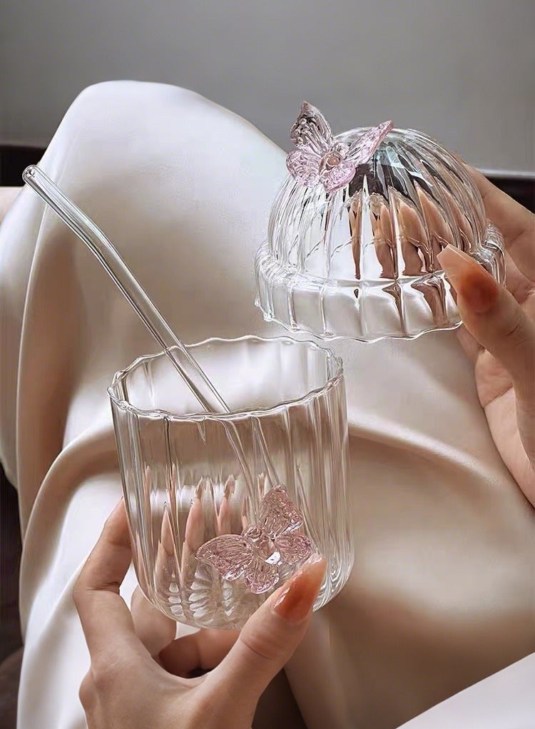 YOLOLAND Clear Glass Coffee Mug with Lids and Straws 400ml Ribbed Pink Butterfly Decoration Striped Drink Cups for Iced Coffee Matcha Tea Juice Everyday Use - Image 5
