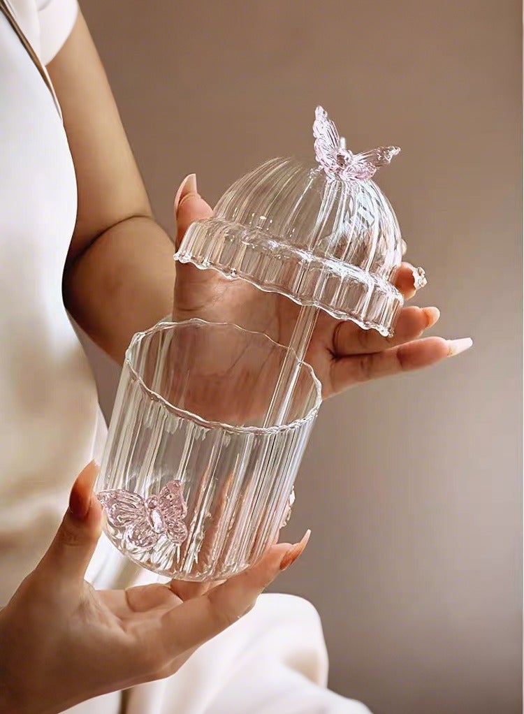YOLOLAND Clear Glass Coffee Mug with Lids and Straws 400ml Ribbed Pink Butterfly Decoration Striped Drink Cups for Iced Coffee Matcha Tea Juice Everyday Use - Image 4
