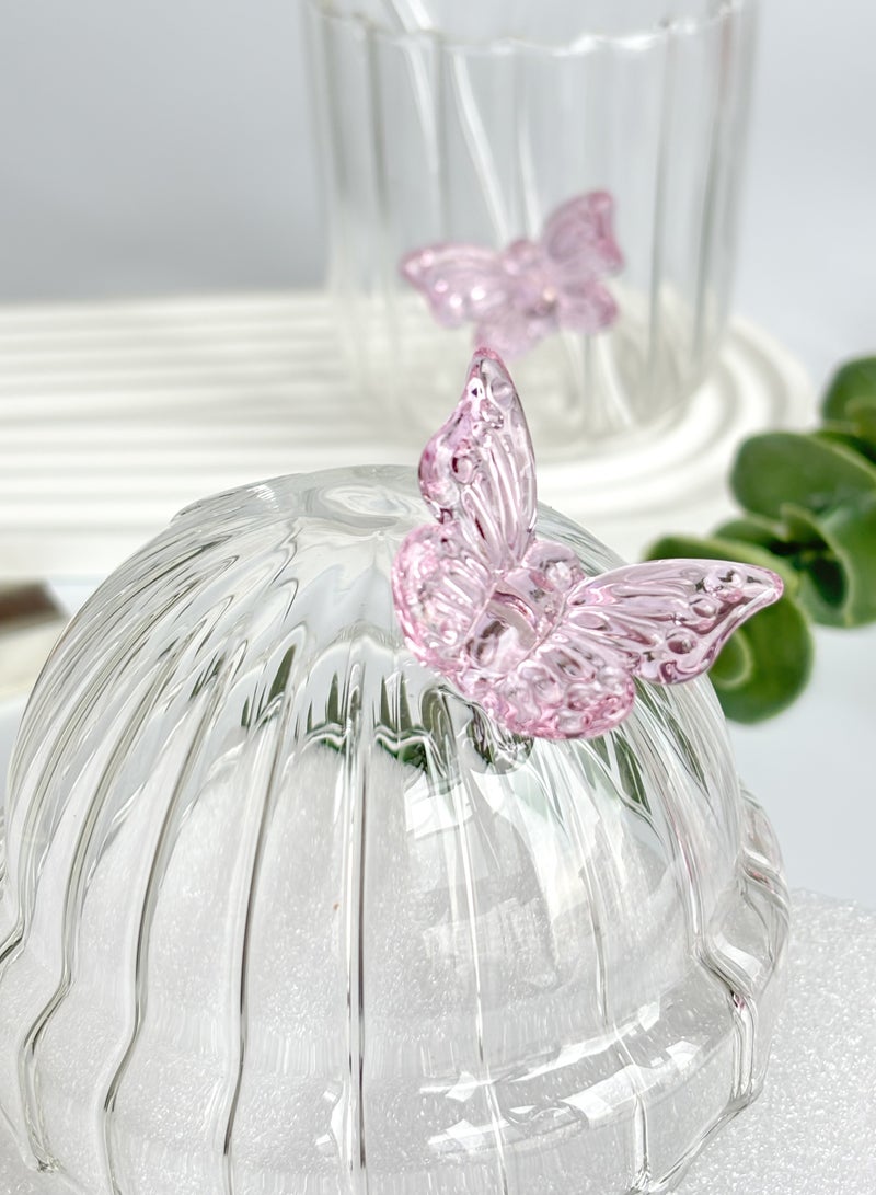 YOLOLAND Clear Glass Coffee Mug with Lids and Straws 400ml Ribbed Pink Butterfly Decoration Striped Drink Cups for Iced Coffee Matcha Tea Juice Everyday Use - Image 2