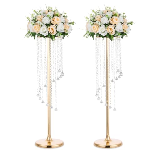 Nuptio Wedding Centerpieces Gold Vases: 2 Pcs 35.4in Tall Crystal Flower Vase Metal Flowers Stand for Party Tables Decorations - Elegant Bulk Weddings Decoration Table Chandelier Centerpiece Stands - Image 1