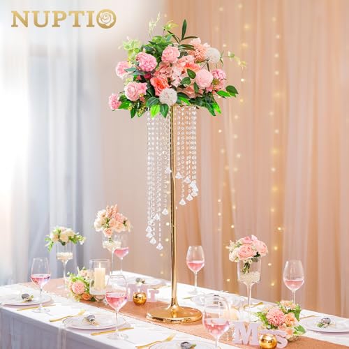 Nuptio Wedding Centerpieces Gold Vases: 2 Pcs 35.4in Tall Crystal Flower Vase Metal Flowers Stand for Party Tables Decorations - Elegant Bulk Weddings Decoration Table Chandelier Centerpiece Stands - Image 4