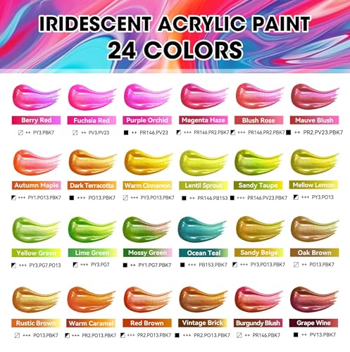 Vigorfun 40 Pcs Iridescent Acrylic Paint Set with 12 Brushes, 2 Knives & Palette, 24 Colors (2oz/60ml) - for Adults, Kids, Artists & Beginners - Canvas Ceramic Rock Wood Egg Painting Kit - Image 2