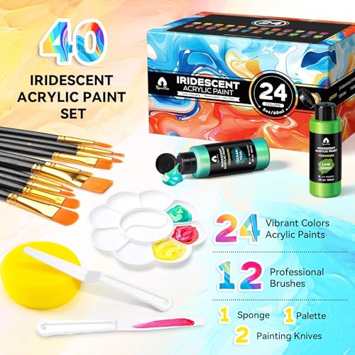 Vigorfun 40 Pcs Iridescent Acrylic Paint Set with 12 Brushes, 2 Knives & Palette, 24 Colors (2oz/60ml) - for Adults, Kids, Artists & Beginners - Canvas Ceramic Rock Wood Egg Painting Kit - Image 4